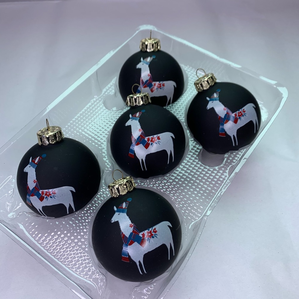 Set of 5 Christmas Tree Ornaments Balls Llama